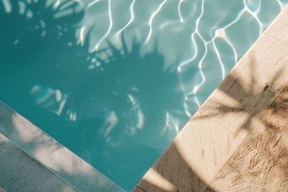 Overhead view of a sunlit pool with palm frond shadows on turquoise water and a stone deck — summer backdrop for Pixie & Zazz THC Chill Pops