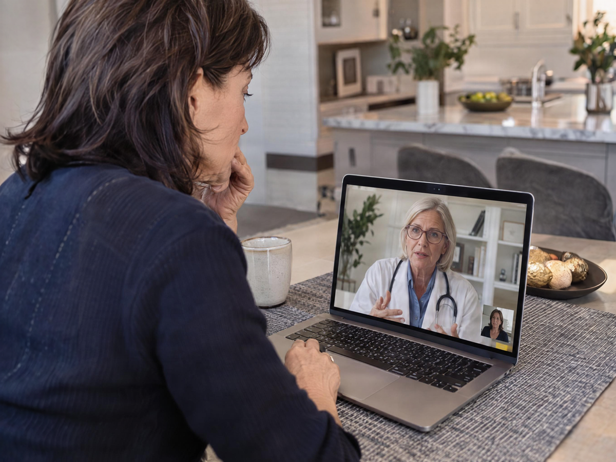 Woman on a video call with a clinician at her kitchen table