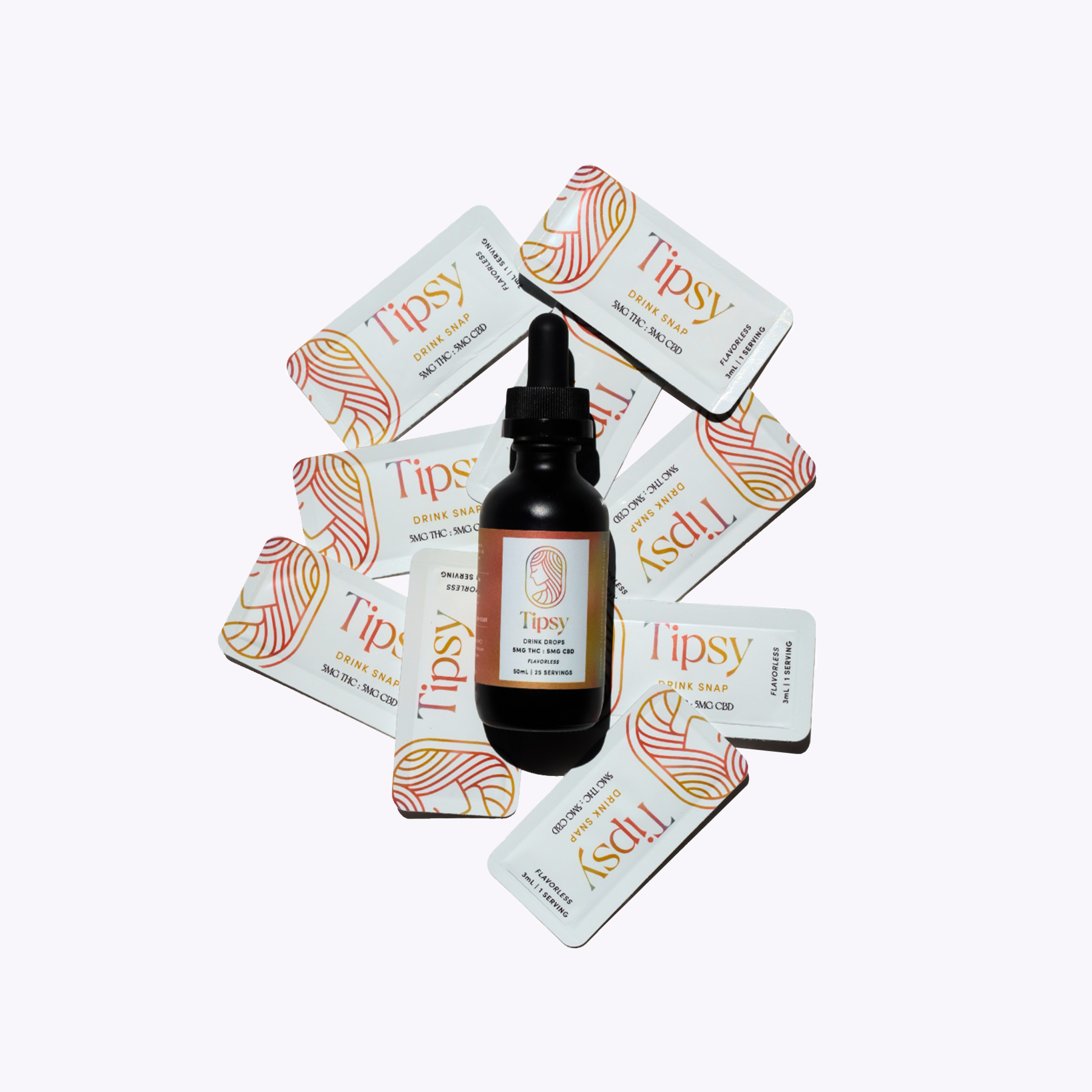 Bottle of THC Tipsy Drink Drops bottle on pile of Tipsy Drinks Snaps with a white background