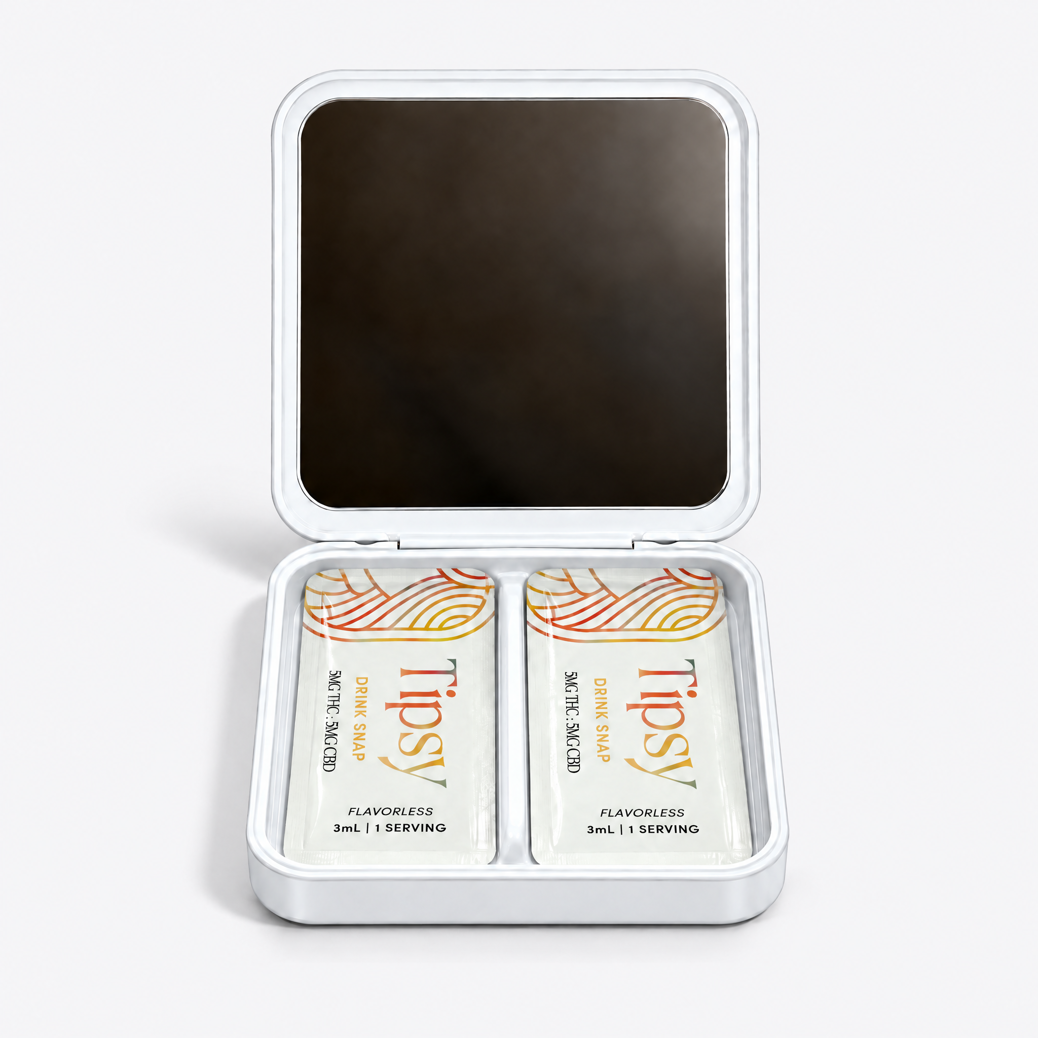 White square metal tin with mirrored inside to house 10 Tipsy Drink Snaps