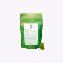 Green Orchard Apple Child-Resistant package of 'Ellevate' THC gummies on a white background