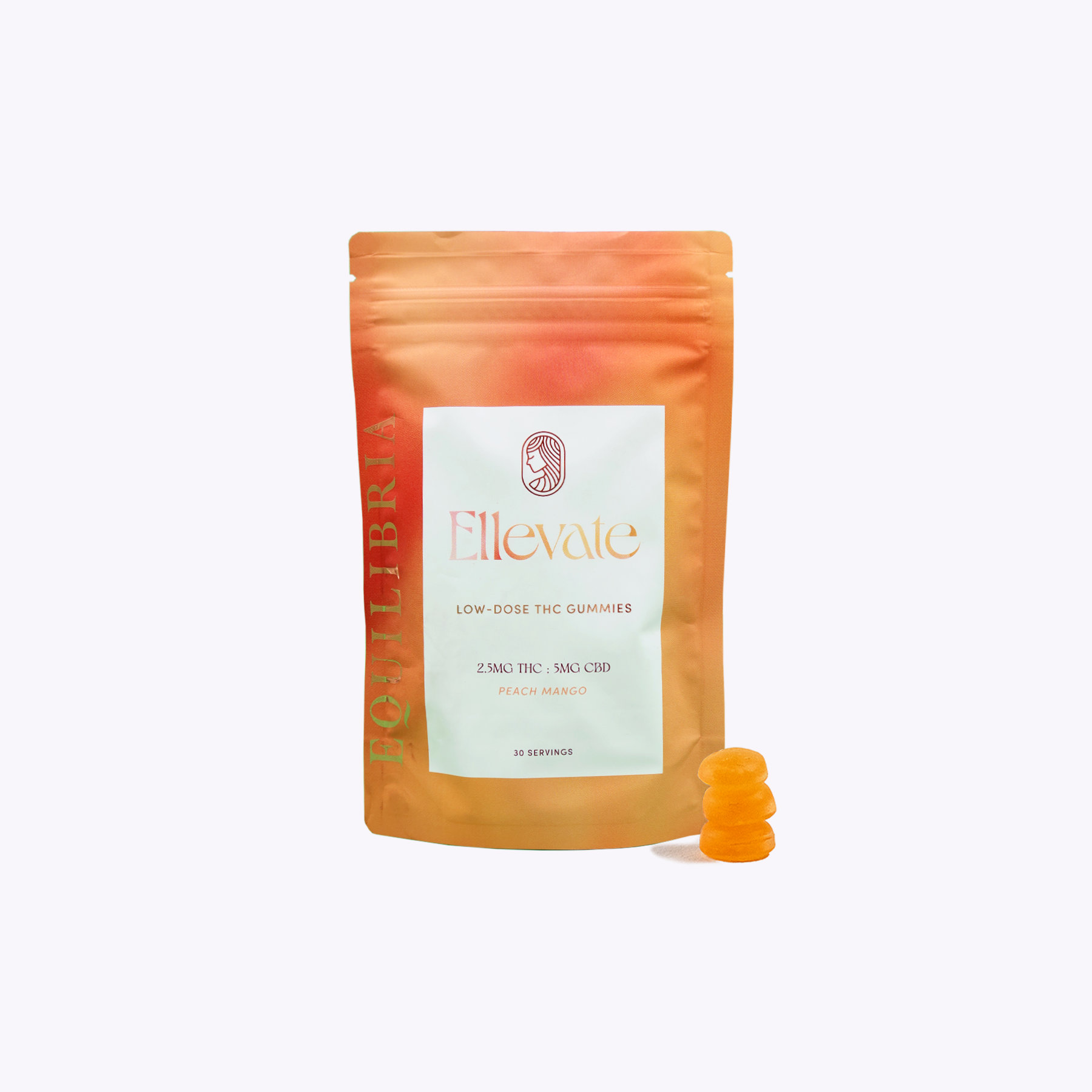 Packaged gummies with a 'Fllevate' label on a child-resistant pouch with stack of orange gummies on a white background