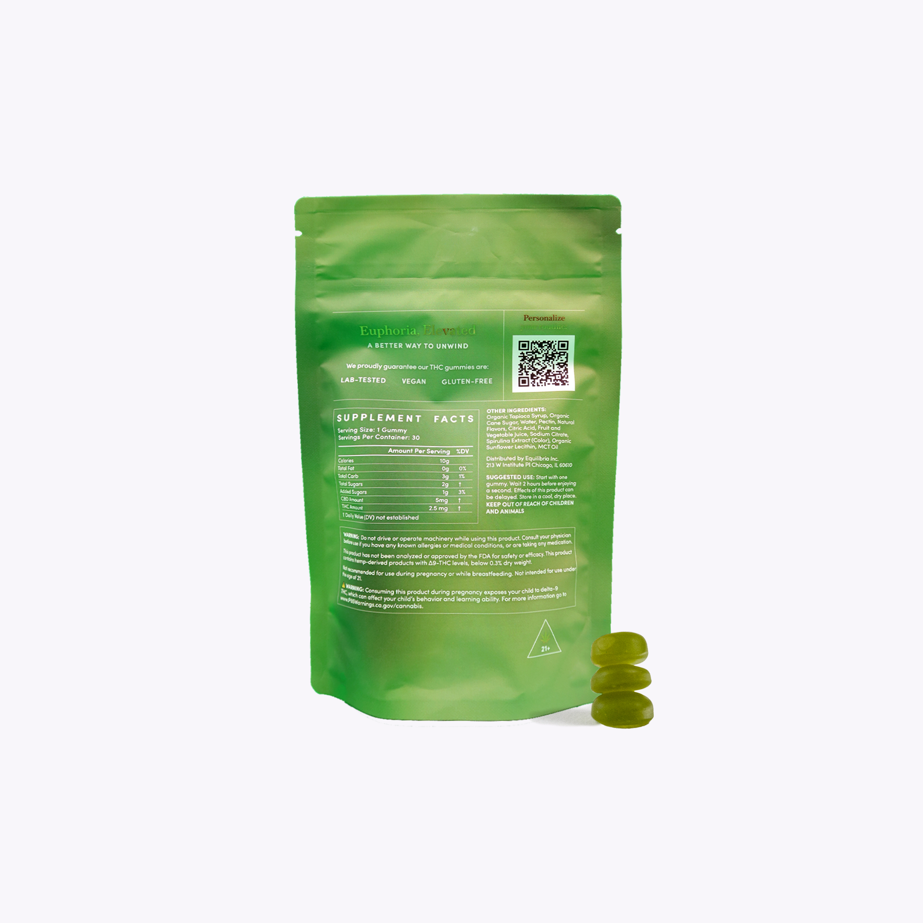 Equilibria Ellevate THC + CBD Gummy supplement package with a QR code on a white background