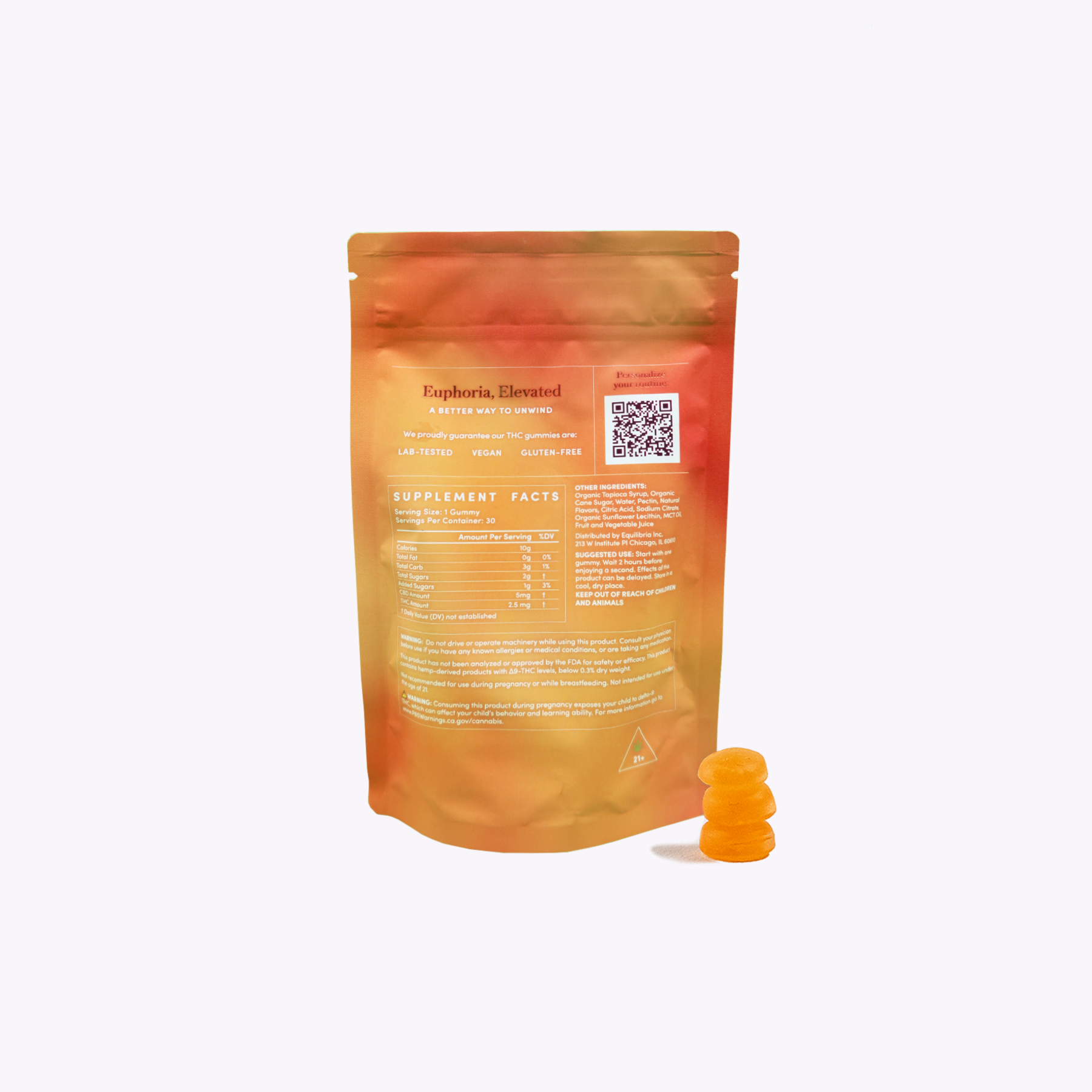 Peach Mango Ellevate Gummies supplement fact package label with gummies on a white background