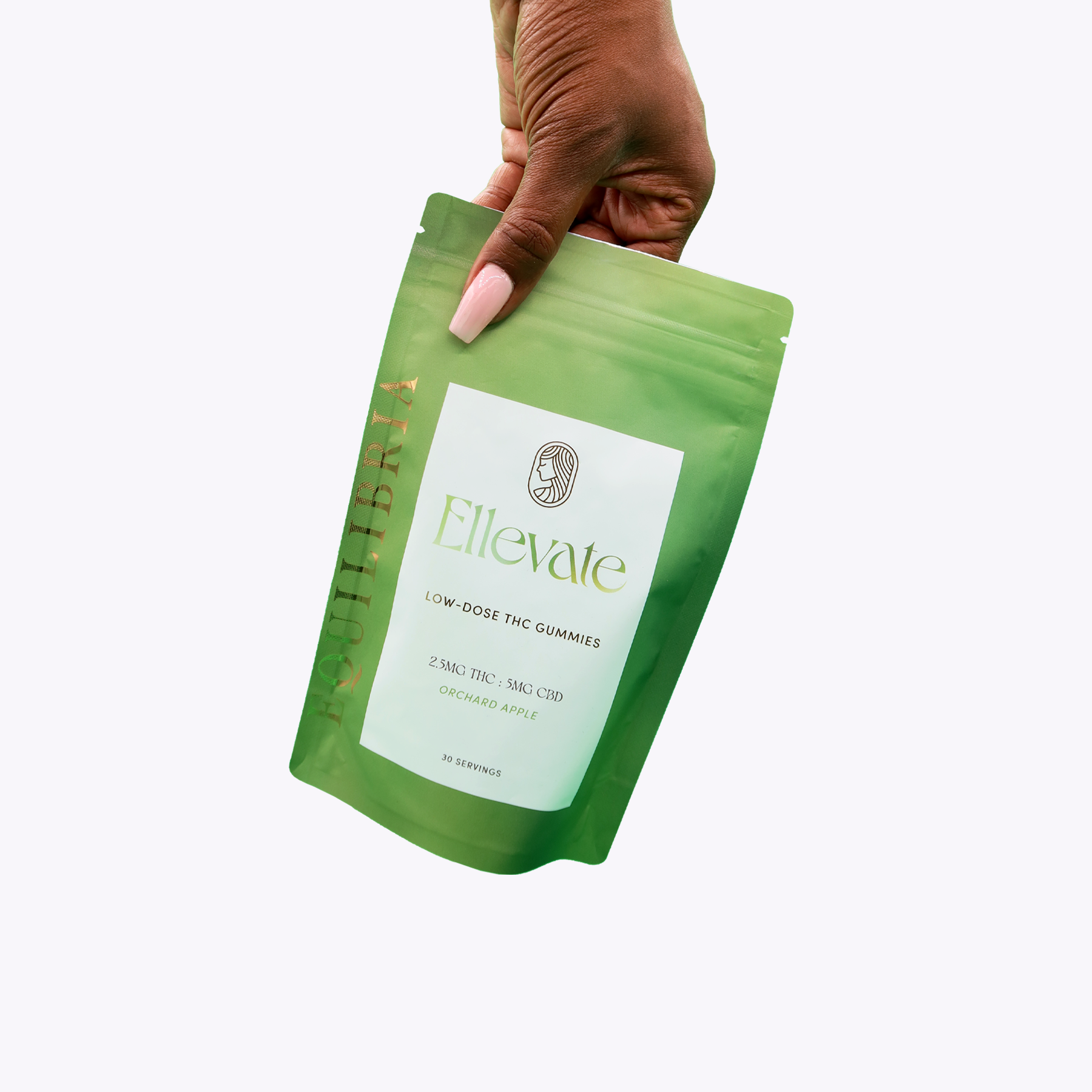 Hand holding a green 'Ellevate' gummies package against a white background
