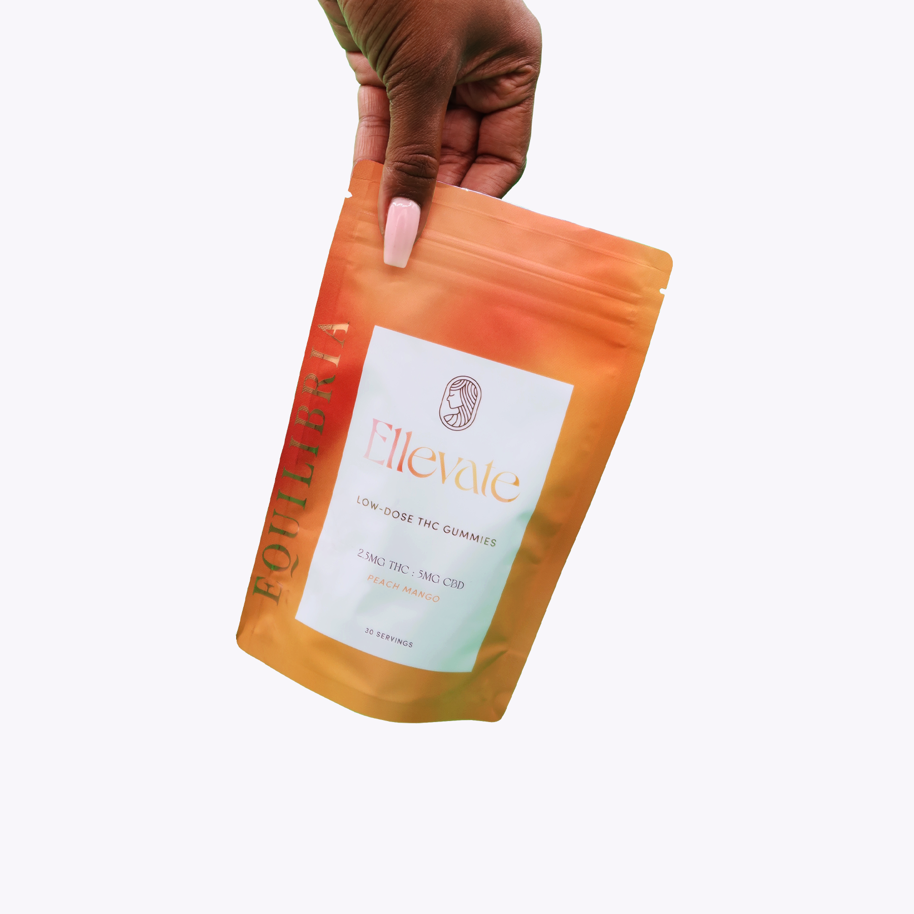 Hand holding an orange and yellow gradient package with 'Ellevate' branding in a child resistant pouch on a white background