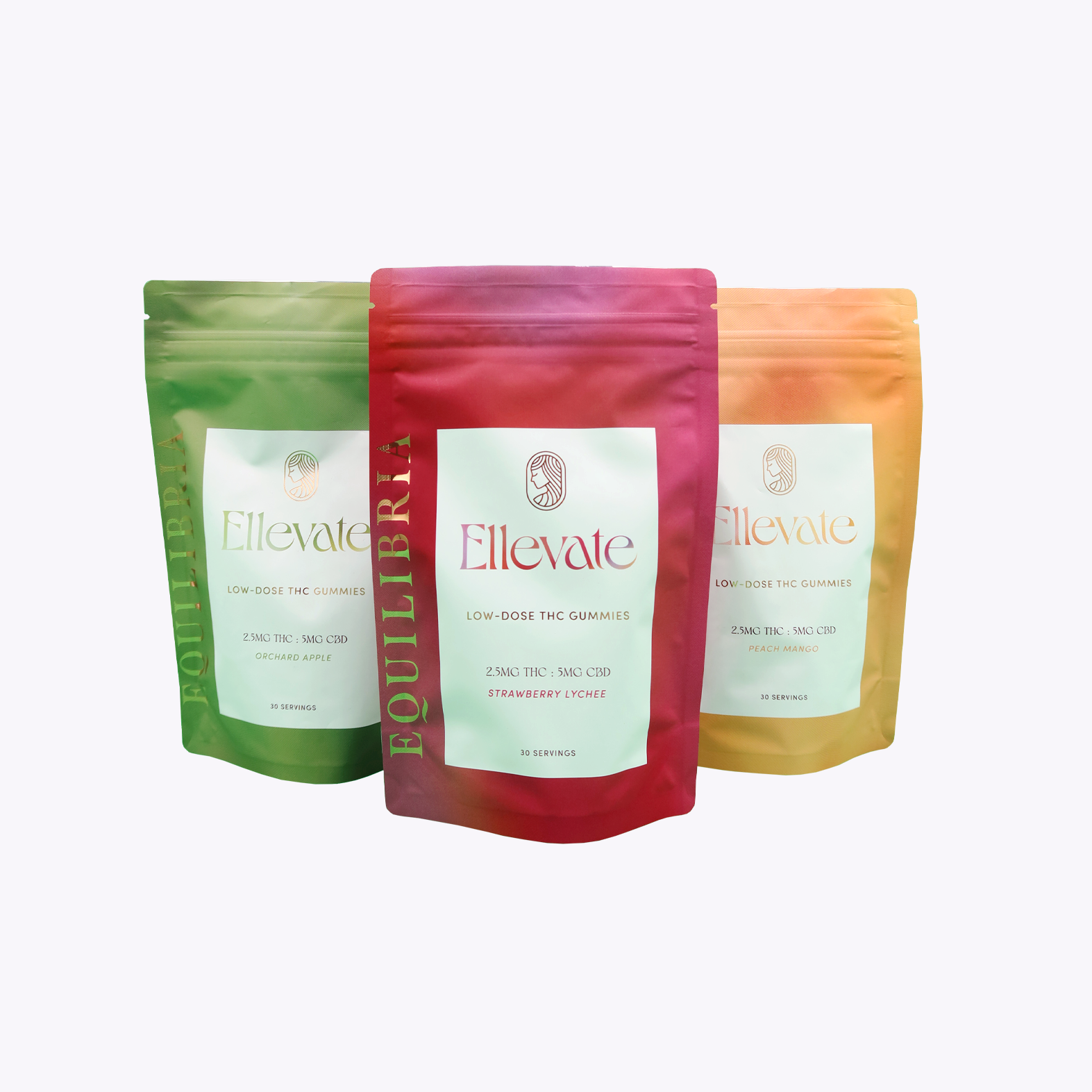 Three 'Ellevate' product packages in green, red, and orange on a white background