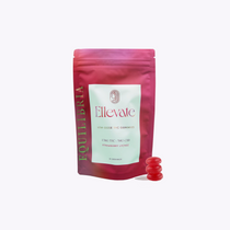 Ellevate gummy child-resistant package with a stack of three gummies next to the pouch on a white background