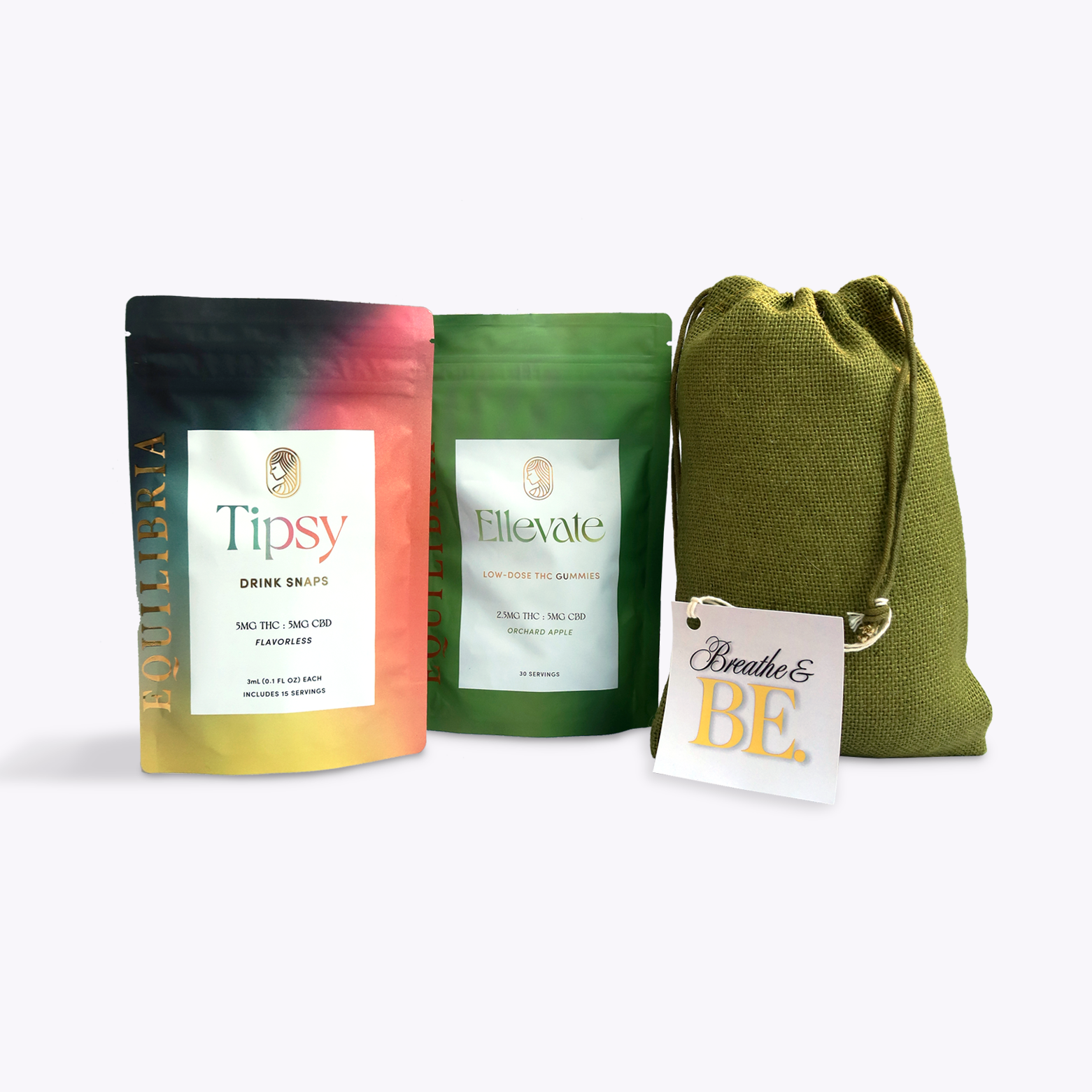 Two bags of low-dose hemp products labeled 'Tipsy' and 'Ellevate', and a green drawstring bag on a white background.