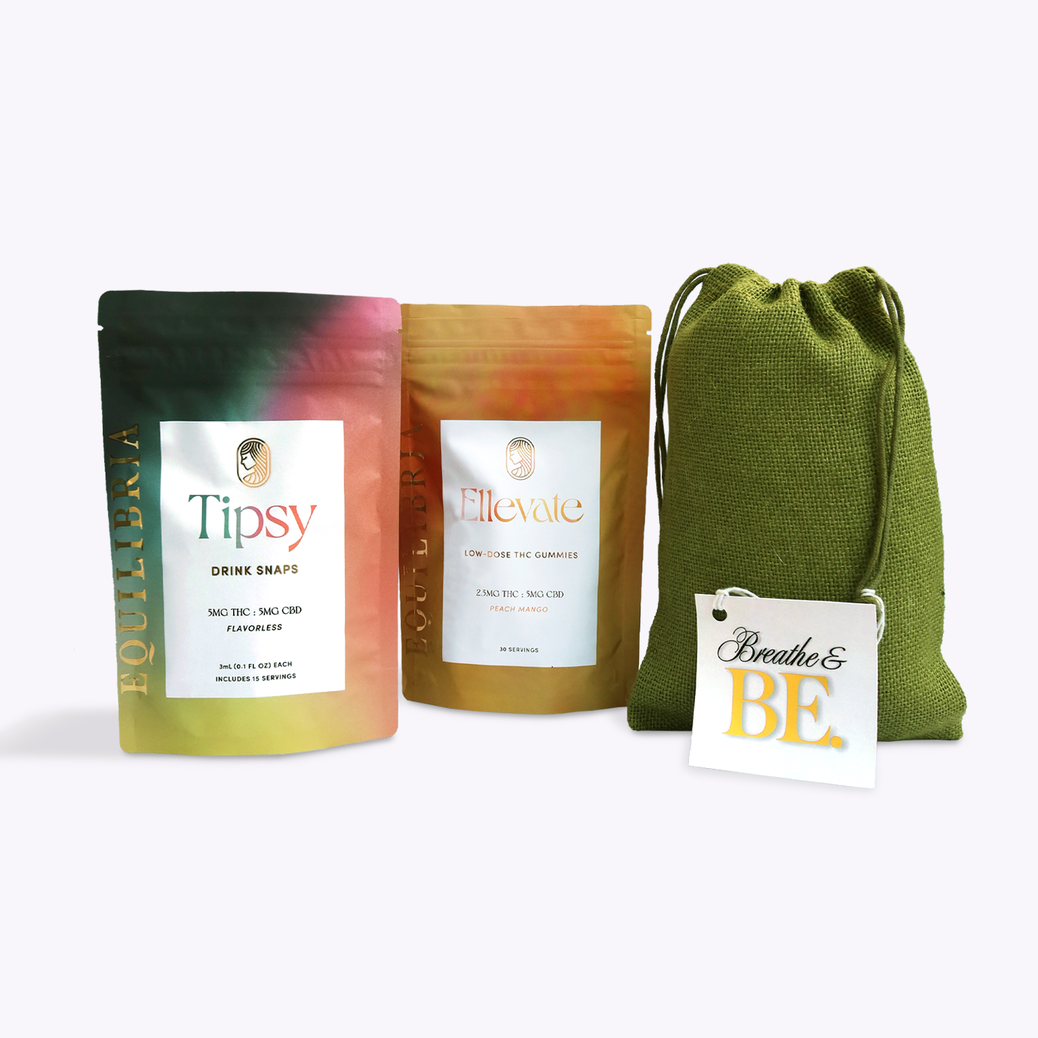 Two bags of low-dose hemp products labeled 'Tipsy' and 'Ellevate' with a green drawstring bag on a white background