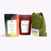 Two bags of low-dose hemp products labeled 'Tipsy' and 'Ellevate' with a green drawstring bag on a white background.