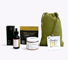 Collection of wellness products including a thc drink drops bottle, cbd gummy jar, and cbn sleep gummies package on a white background with a green drawstring bag.