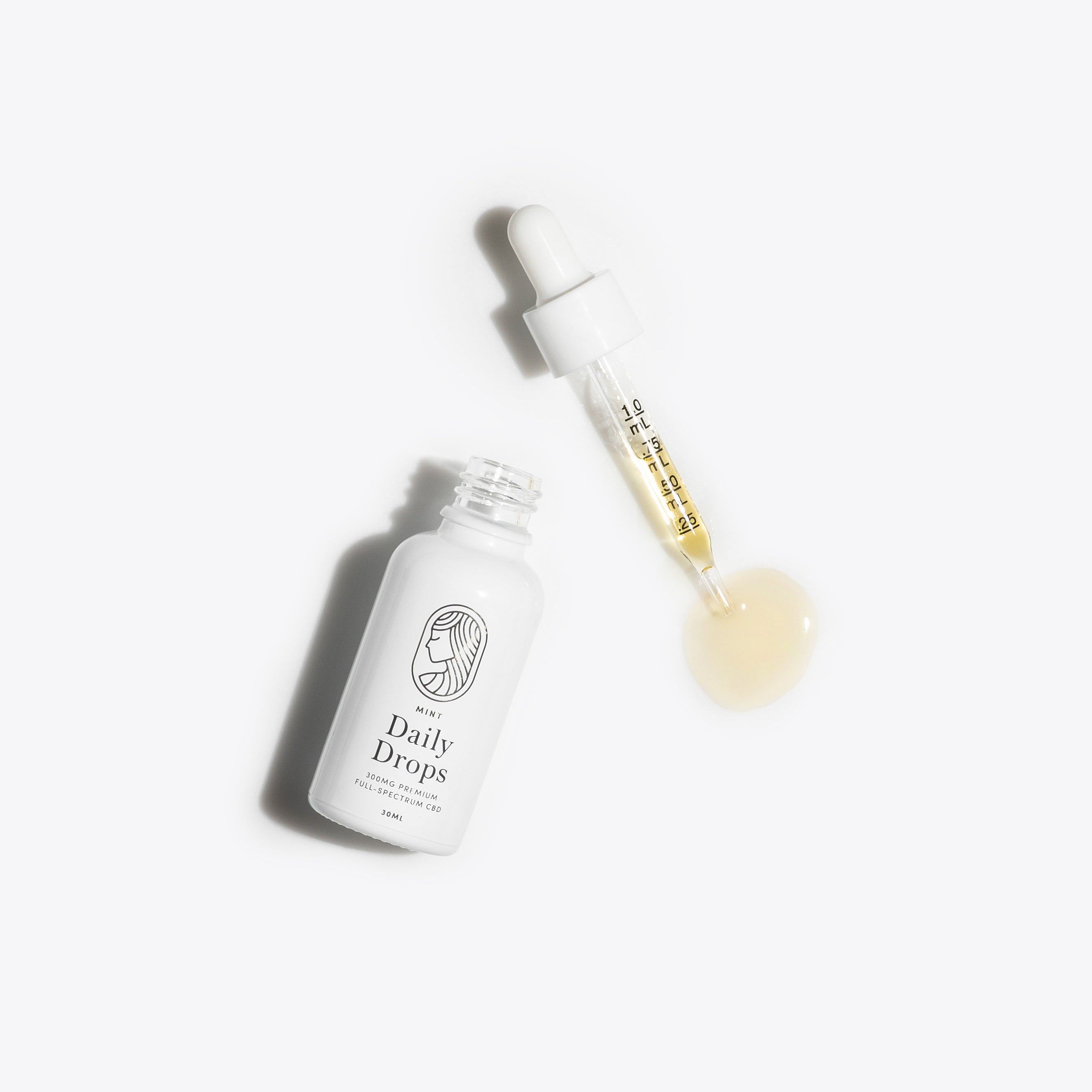 CBD tincture bottle and dropper on white background