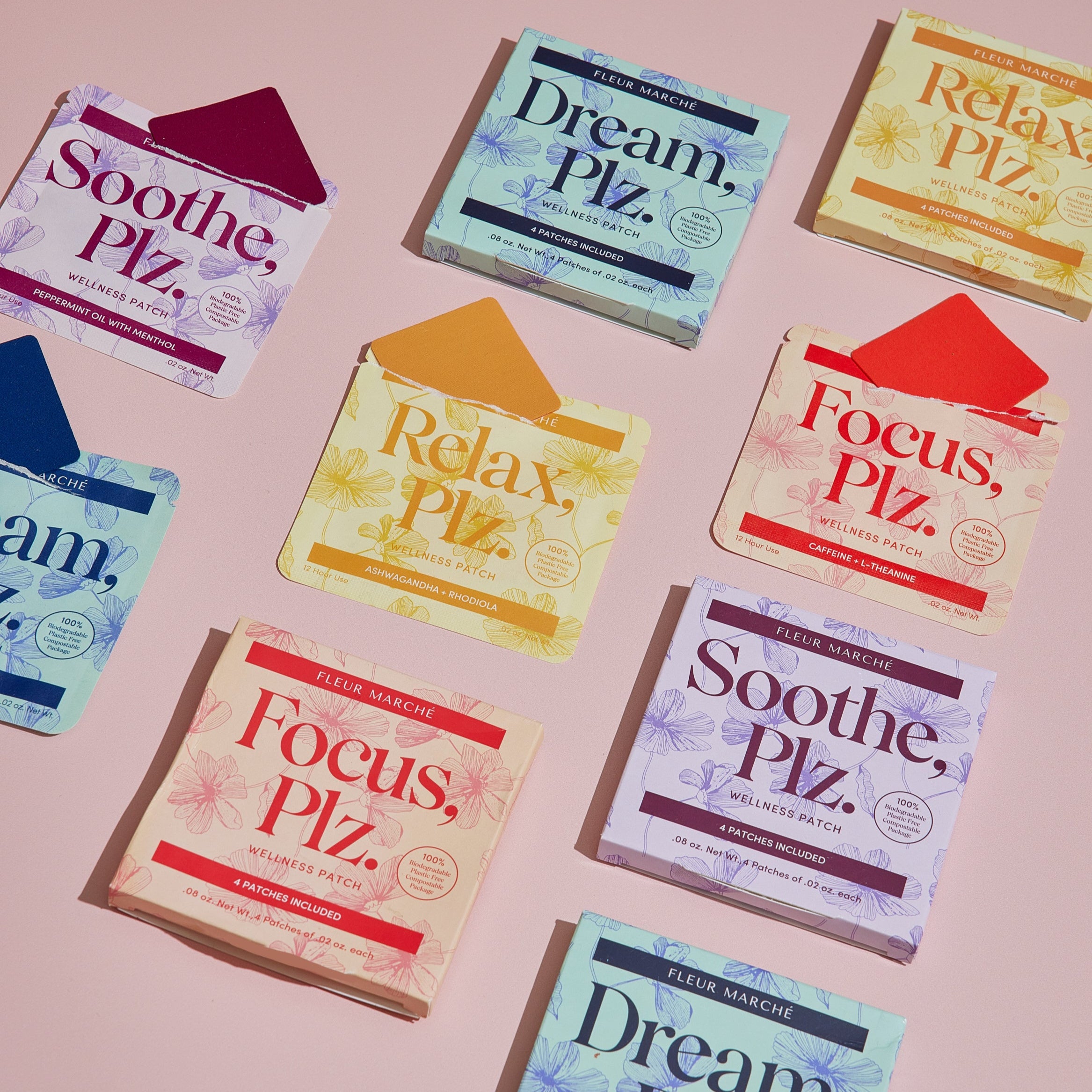 Assorted 'Plz' products on a pink background by Fleur Marche