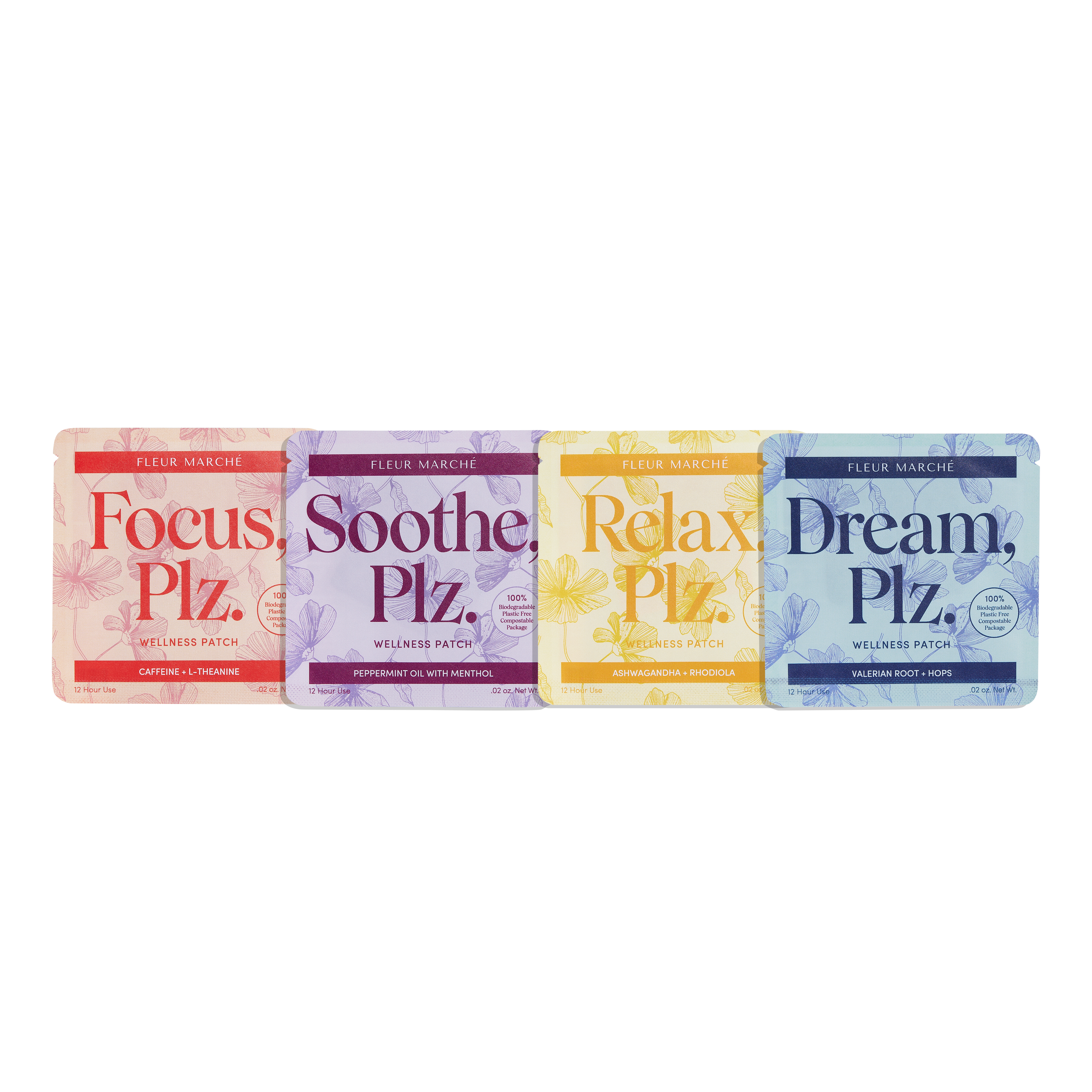 A set of four packaged wellness supplements from Fleur Marché, labeled Focus, Soothe, Relax, and Dream, each in a distinctively colored wrapper.