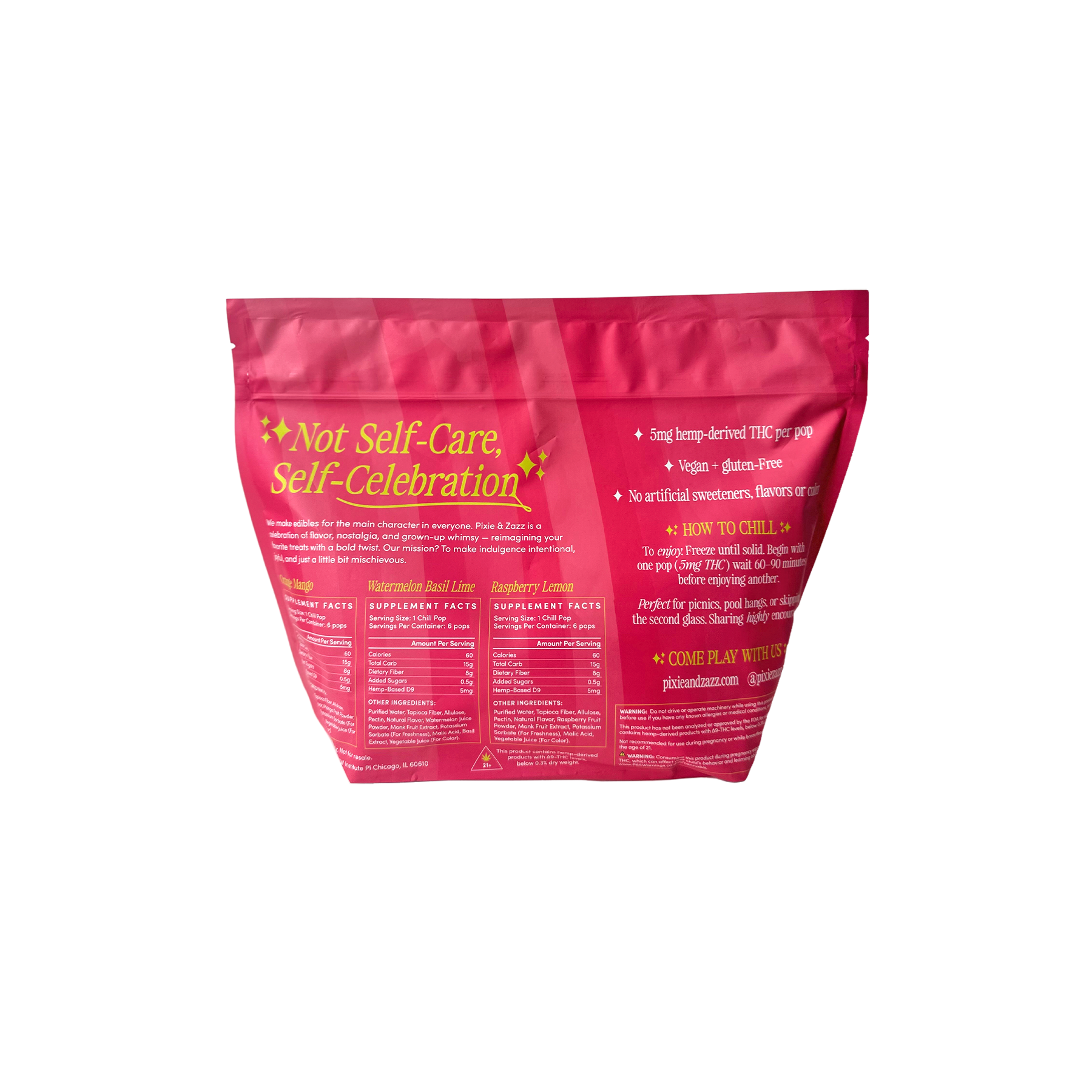 Back of pink package with text 'Not Self-Care Self Celebration' and supplement facts for THC Popsicles on a white background