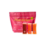 Pink packaging of Pixie & Zazz Chill Pops with three fruit popsicles on a white background