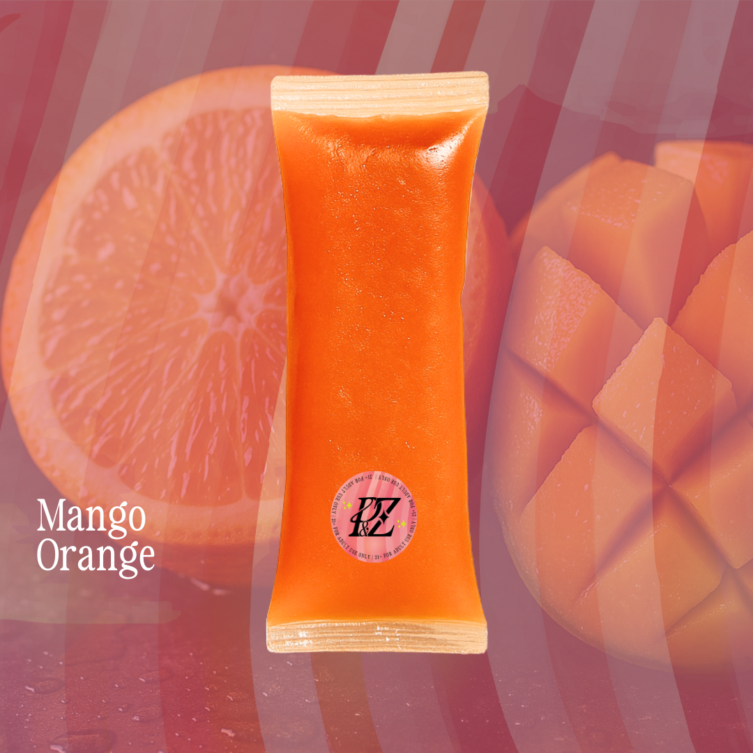 Mango Orange product packaging with a blurred background of an orange and mango slices.