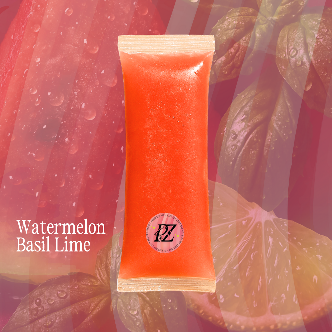 Watermelon Basil Lime flavored product packaging with watermelon, lime, and basil leaves in the background