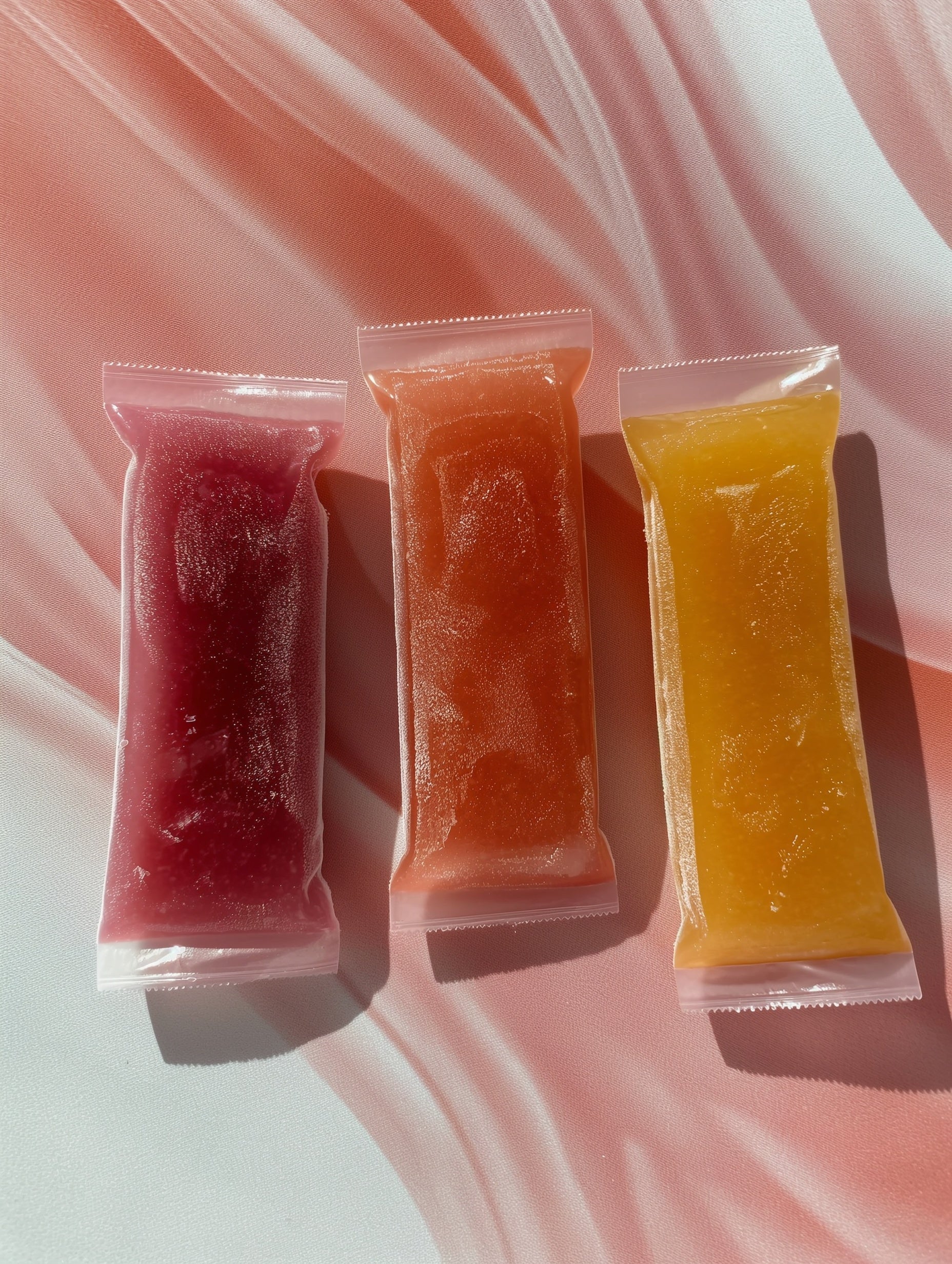 Three THC frozen fruit pops in clear packaging on a pink background