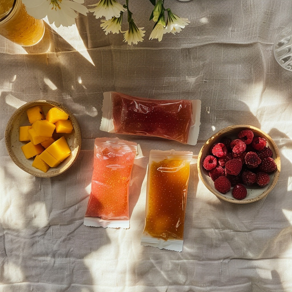 Three sealed THC chill pop packs on a light fabric surface with bowls of fruit and berries.